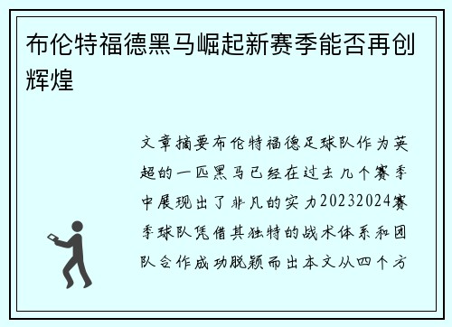 布伦特福德黑马崛起新赛季能否再创辉煌